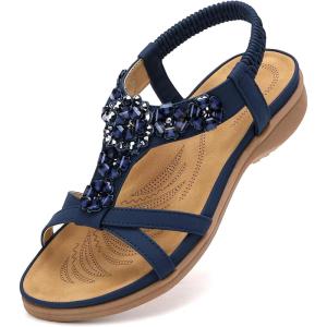 imageLittleplum Sandals Women Flat Dressy Sandal Summer Comfortable Slipon Casual Beach Shoes Dress Bohemian Ankle Elastic Flats SandalsFashion Blue