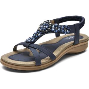 imageLittleplum Sandals Women Flat Dressy Sandal Summer Comfortable Slipon Casual Beach Shoes Dress Bohemian Ankle Elastic Flats SandalsStylish Blue