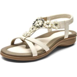 imageLittleplum Sandals Women Flat Dressy Sandal Summer Comfortable Slipon Casual Beach Shoes Dress Bohemian Ankle Elastic Flats SandalsStylish Cream White
