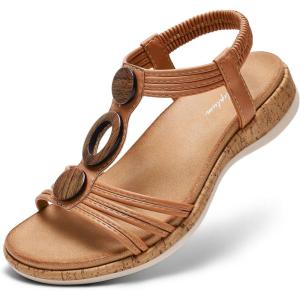 image:imageLittleplum Women Flats Sandals Arch Support OpenToe Casual Summer Low Wedge Shoes for Daily Beach Walking Dressy Comfy Sandals1817Brown