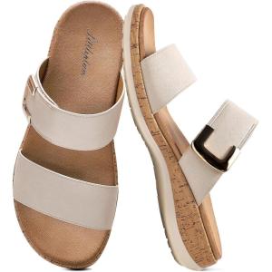 image:imageLittleplum Women Slides Sandals Arch Support Open Toe Slip on Sandals Soft Cushion Slippers Comfy Casual Summer Shoes for WalkingBeachTravelApricot