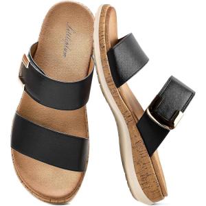 image:imageLittleplum Women Slides Sandals Arch Support Open Toe Slip on Sandals Soft Cushion Slippers Comfy Casual Summer Shoes for WalkingBeachTravelBlack