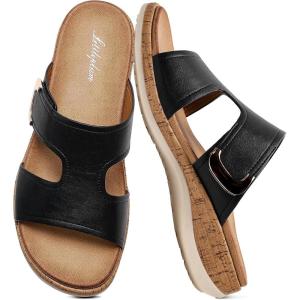 image:imageLittleplum Womens Sandals Arch Support Slides  Comfortable Flat Sandals for Women Summer Breathable Flipflops Walking Shoes for BeachTravelFashion Black
