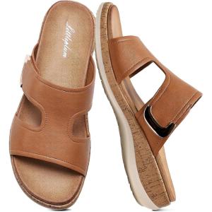 image:imageLittleplum Womens Sandals Arch Support Slides  Comfortable Flat Sandals for Women Summer Breathable Flipflops Walking Shoes for BeachTravelFashion Brown