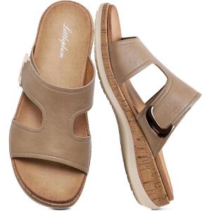 image:imageLittleplum Womens Sandals Arch Support Slides  Comfortable Flat Sandals for Women Summer Breathable Flipflops Walking Shoes for BeachTravelFashion Khaki