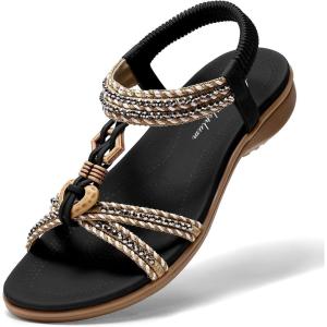 image:imageLittleplum Womens Sandals Arch Support Summer Flat Slides Ankle Elastic Walking Shoes Braided Beach Dressy Sandals for Women Black Size 8