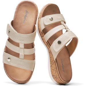image:imageLittleplum Women Slides Sandals Arch Support Open Toe Walking Comfy Low Wedge Slides Adjustable Summer Shoes for BeachTravelChic Apricot