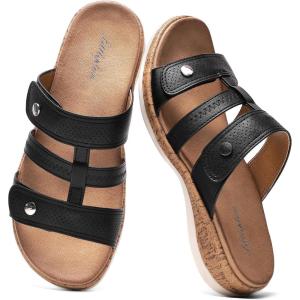 image:imageLittleplum Women Slides Sandals Arch Support Open Toe Walking Comfy Low Wedge Slides Adjustable Summer Shoes for BeachTravelChic Black