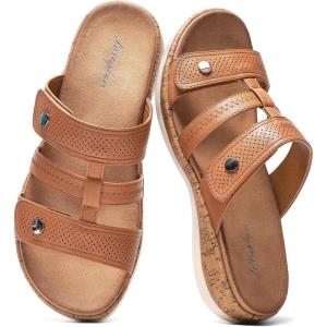 image:imageLittleplum Women Slides Sandals Arch Support Open Toe Walking Comfy Low Wedge Slides Adjustable Summer Shoes for BeachTravelChic Brown