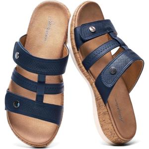 image:imageLittleplum Women Slides Sandals Arch Support Open Toe Walking Comfy Low Wedge Slides Adjustable Summer Shoes for BeachTravelChic Dark Blue