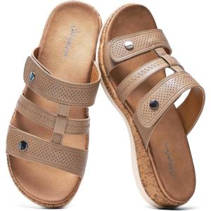 image:imageLittleplum Women Slides Sandals Arch Support Open Toe Walking Comfy Low Wedge Slides Adjustable Summer Shoes for BeachTravelChic Khaki
