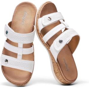 image:imageLittleplum Women Slides Sandals Arch Support Open Toe Walking Comfy Low Wedge Slides Adjustable Summer Shoes for BeachTravelChic White