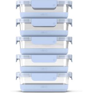 imageEllo Duraglass 34 Cup Meal Prep Sets 10Pc 5 Pack Set Glass Food Storage Container with Silicone Boot and Airtight BPAFree Plastic Lids Dishwasher Microwave and Freezer Safe Garden GoalsHalogen Blue with Boot