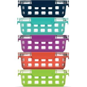 imageEllo Duraglass 34 Cup Meal Prep Sets 10Pc 5 Pack Set Glass Food Storage Container with Silicone Boot and Airtight BPAFree Plastic Lids Dishwasher Microwave and Freezer Safe Garden GoalsFruit Salad