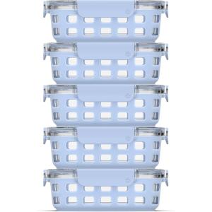imageEllo Duraglass 34 Cup Meal Prep Sets 10Pc 5 Pack Set Glass Food Storage Container with Silicone Boot and Airtight BPAFree Plastic Lids Dishwasher Microwave and Freezer Safe Garden GoalsHalogen Blue with Sleeve