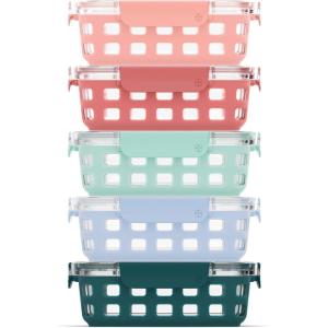 imageEllo Duraglass 34 Cup Meal Prep Sets 10Pc 5 Pack Set Glass Food Storage Container with Silicone Boot and Airtight BPAFree Plastic Lids Dishwasher Microwave and Freezer Safe Garden GoalsMelon