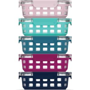 imageEllo Duraglass 34 Cup Meal Prep Sets 10Pc 5 Pack Set Glass Food Storage Container with Silicone Boot and Airtight BPAFree Plastic Lids Dishwasher Microwave and Freezer Safe Garden GoalsEvening Orchard