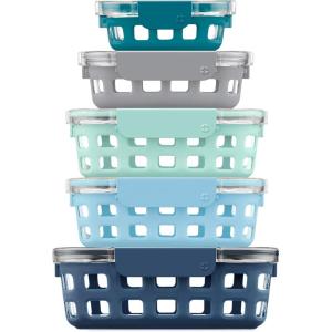 imageEllo Duraglass Mixed Meal Prep Sets LeakProof Glass Food Storage Containers with Silicone Sleeves and Airtight BPAFree Lids Dishwasher Microwave and Freezer SafeBlue La La Mixed Set