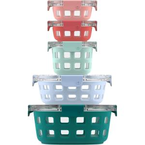 imageEllo Duraglass Mixed Meal Prep Sets LeakProof Glass Food Storage Containers with Silicone Sleeves and Airtight BPAFree Lids Dishwasher Microwave and Freezer Safe5 Mixed Sets