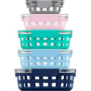 imageEllo Duraglass Mixed Meal Prep Sets LeakProof Glass Food Storage Containers with Silicone Sleeves and Airtight BPAFree Lids Dishwasher Microwave and Freezer SafeVenice Boardwalk Mixed Set
