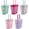 imageEllo Kids Plastic Reusable Color Changing Cups with Twist on SplashProof Lids and Straw BPA Free Dishwasher Safe 12oz Rainforest 4 Pack10 Pack Fruit Pop