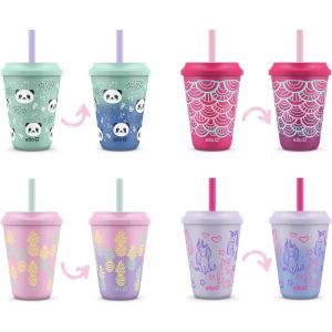 imageEllo Kids Plastic Reusable Color Changing Cups with Twist on SplashProof Lids and Straw BPA Free Dishwasher Safe 12oz Rainforest 4 Pack4 Pack Fruit Pop
