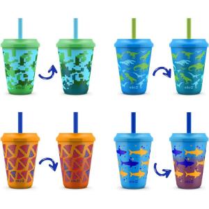 imageEllo Kids Plastic Reusable Color Changing Cups with Twist on SplashProof Lids and Straw BPA Free Dishwasher Safe 12oz Rainforest 4 Pack4 Pack Rainforest