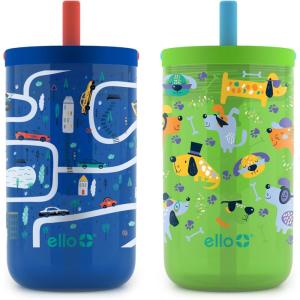 imageEllo Bop 2Pack 12oz Kids Plastic Tumbler Set with Carry Loop  LeakProof Slider Lid  Removable Spill Resistent Soft Straw  BPAFreeCars and Dogs