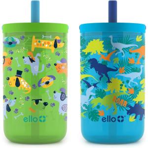imageEllo Bop 2Pack 12oz Kids Plastic Tumbler Set with Carry Loop  LeakProof Slider Lid  Removable Spill Resistent Soft Straw  BPAFreeDogs and Dinos