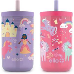 imageEllo Bop 2Pack 12oz Kids Plastic Tumbler Set with Carry Loop  LeakProof Slider Lid  Removable Spill Resistent Soft Straw  BPAFreePrincess Unicorn