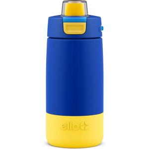 imageEllo Kids Colby 12oz Stainless Steel Insulated Water Bottle with Straw and BuiltIn Silicone Coaster Carrying Handle and LeakProof Locking Lid for School Backpack Lunchbox and Outdoor SportsBlueYellow