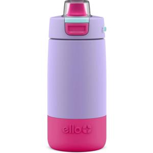 imageEllo Kids Colby 12oz Stainless Steel Insulated Water Bottle with Straw and BuiltIn Silicone Coaster Carrying Handle and LeakProof Locking Lid for School Backpack Lunchbox and Outdoor SportsLilacPink