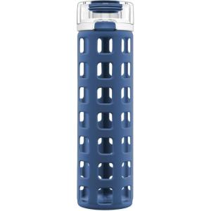 imageEllo Syndicate 20oz Reusable Glass Water Bottle with OneTouch Leak Proof Flip Lid and Protective NonSlip Silicone Sleeve and Carry Loop for Coffee Tea and Water BPAfree Dishwasher SafeBold Blue