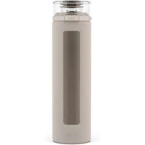 imageEllo Syndicate 20oz Reusable Glass Water Bottle with OneTouch Leak Proof Flip Lid and Protective NonSlip Silicone Sleeve and Carry Loop for Coffee Tea and Water BPAfree Dishwasher SafeSand