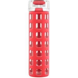 imageEllo Syndicate 20oz Reusable Glass Water Bottle with OneTouch Leak Proof Flip Lid and Protective NonSlip Silicone Sleeve and Carry Loop for Coffee Tea and Water BPAfree Dishwasher SafeCoral