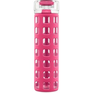 imageEllo Syndicate 20oz Reusable Glass Water Bottle with OneTouch Leak Proof Flip Lid and Protective NonSlip Silicone Sleeve and Carry Loop for Coffee Tea and Water BPAfree Dishwasher SafePink
