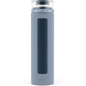 imageEllo Syndicate 20oz Reusable Glass Water Bottle with OneTouch Leak Proof Flip Lid and Protective NonSlip Silicone Sleeve and Carry Loop for Coffee Tea and Water BPAfree Dishwasher SafeTech Blue