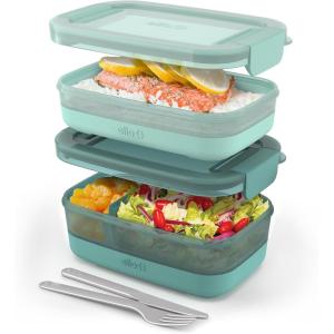 imageEllo 2Pack Lunch Stack Plastic Food Storage Container Bento Box with Airtight LeakProof Locking Plastic Lids and Silicone Base BPAFree Freezer Microwave and Dishwasher SafeMint Chip