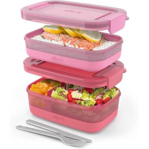 imageEllo 2Pack Lunch Stack Plastic Food Storage Container Bento Box with Airtight LeakProof Locking Plastic Lids and Silicone Base BPAFree Freezer Microwave and Dishwasher SafeGuava