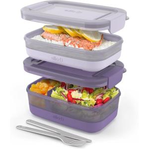 imageEllo 2Pack Lunch Stack Plastic Food Storage Container Bento Box with Airtight LeakProof Locking Plastic Lids and Silicone Base BPAFree Freezer Microwave and Dishwasher SafeWisteria