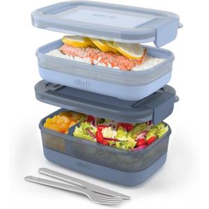 imageEllo 2Pack Lunch Stack Plastic Food Storage Container Bento Box with Airtight LeakProof Locking Plastic Lids and Silicone Base BPAFree Freezer Microwave and Dishwasher SafeBlueberry
