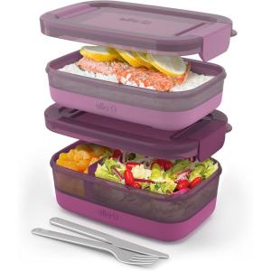 imageEllo 2Pack Lunch Stack Plastic Food Storage Container Bento Box with Airtight LeakProof Locking Plastic Lids and Silicone Base BPAFree Freezer Microwave and Dishwasher SafeRaspberry