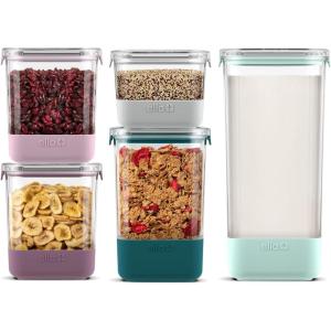 imageEllo Airtight Food Storage Plastic Canisters with NonSlip Base Locking Lids and Labels for Kitchen and Pantry Organization Perfect for Sugar Cereal Pasta  Set of 5 Mixed Set  Garden Goals5PC MixedSet
