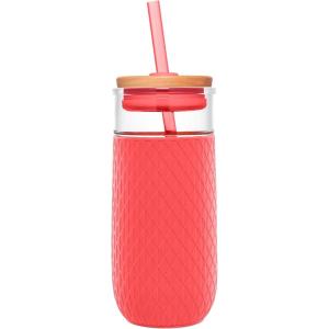 imageEllo Devon 18oz Glass Tumbler with Straw Friction Fit Bamboo Wood Lid and Silicone Sleeve  Perfect for Iced Coffee Tea Matcha and SmoothiesCoral