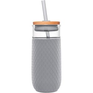 imageEllo Devon 18oz Glass Tumbler with Straw Friction Fit Bamboo Wood Lid and Silicone Sleeve  Perfect for Iced Coffee Tea Matcha and SmoothiesGray