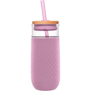 imageEllo Devon 18oz Glass Tumbler with Straw Friction Fit Bamboo Wood Lid and Silicone Sleeve  Perfect for Iced Coffee Tea Matcha and SmoothiesRose