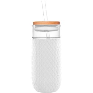 imageEllo Devon 18oz Glass Tumbler with Straw Friction Fit Bamboo Wood Lid and Silicone Sleeve  Perfect for Iced Coffee Tea Matcha and SmoothiesWhite