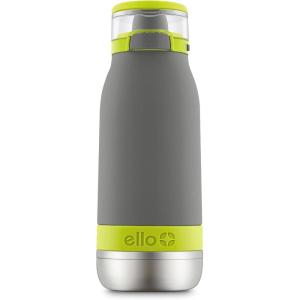 imageEllo Emma 14oz Vacuum Insulated Stainless Steel Kids Water Bottle with Straw and Builtin Carrying Handle and LeakProof Locking Lid for School Backpack Lunchbox and Outdoor SportsGrayGreen