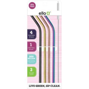 imageEllo Impact Stainless Steel Reusable Straws with Cleaning Brush 4 Piece Metallics