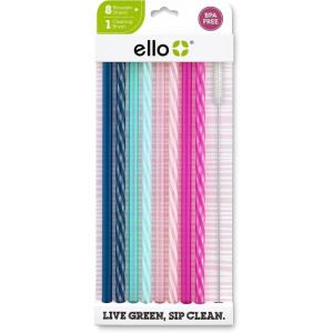 imageEllo Impact Reusable Hard Plastic Straws with Cleaning Brush 8 Piece Rosewater